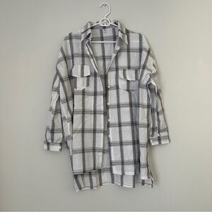 Oversized White Grid Plaid Button Up Shirt